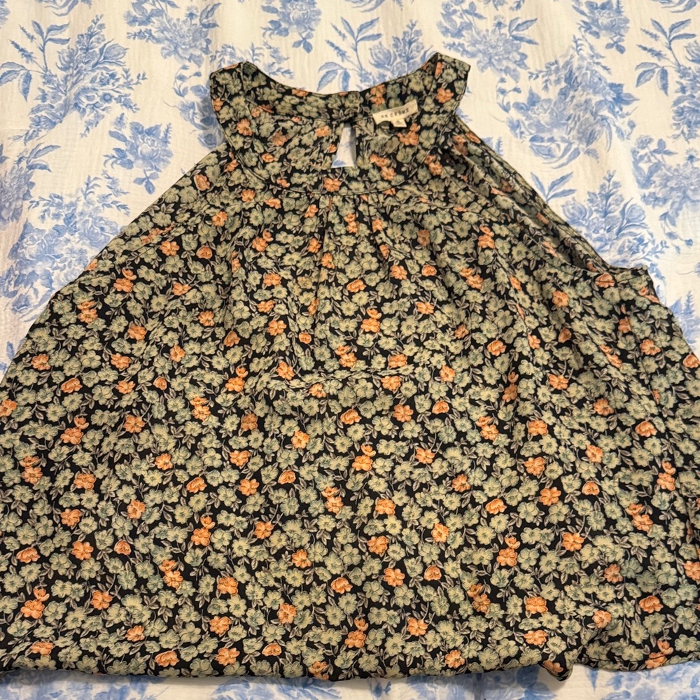 En Creme Black Floral Sleeveless Blouse with Olive and Orange Blooms